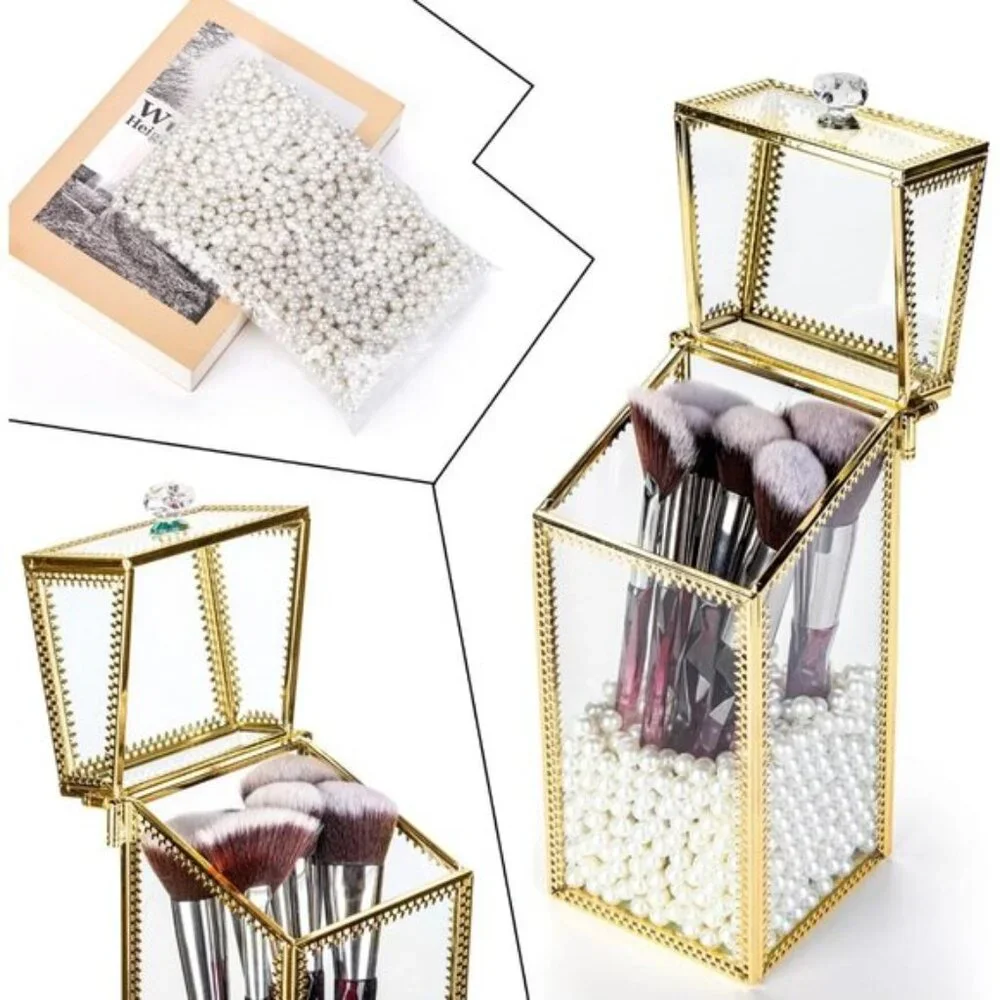 Vintage Makeup Brush Holder with Lid, Clear Glass Vanity Organizer with Pearls